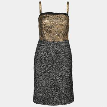 Pre Owned Dolce & Gabbana Colorblock Gold Brocade and Tweed Sleeveless Dress S
