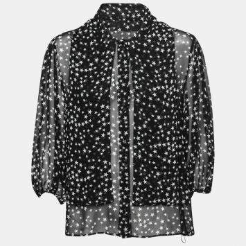 Pre Owned Dolce & Gabbana Black and White Star Print Neck Tie Detail Blouse M