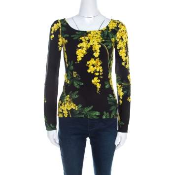 Pre Owned Dolce & Gabbana Black and Yellow Floral Acacia Print Long Sleeve Top S