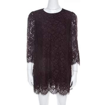 Pre Owned Dolce & Gabbana Brown Lace Three Quarter Sleeve Tunic Top M 