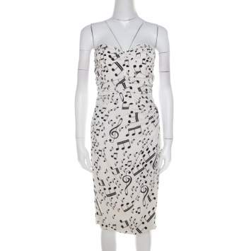 Pre Owned Dolce & Gabbana White and Black Musical Note Printed Silk Strapless Dress S