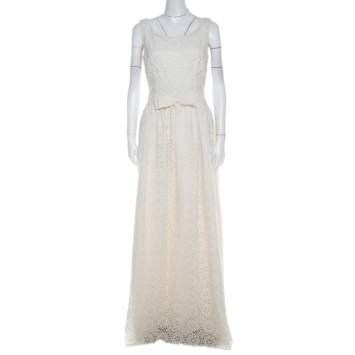 Pre Owned Dolce & Gabbana Cream Lace Waist Bow Detail Maxi Dress M 