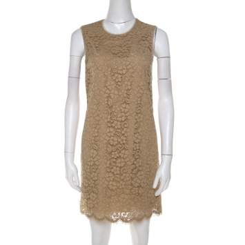 Pre Owned Dolce & Gabbana Beige Cotton Floral Lace Overlay Sleeveless Shift Dress S