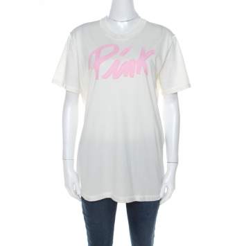 Pre Owned Dolce & Gabbana Off White Cotton Pink Applique Crew Neck T-Shirt XL