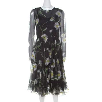Pre Owned Dolce & Gabbana Black Sunflower Print Silk Gathered Midi Dress M