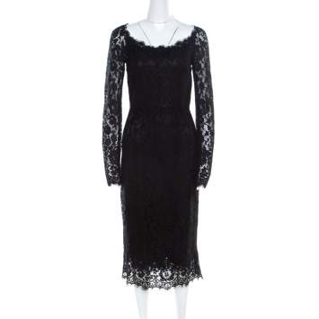 Pre Owned Dolce & Gabbana Black Lace Detail Full Sleeve Midi Dress S