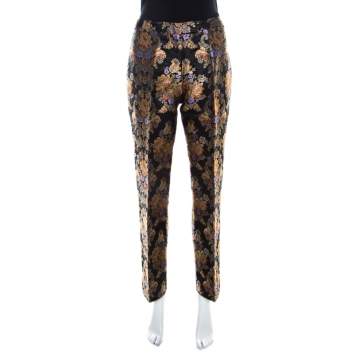 Pre Owned Dolce & Gabbana Black Floral Jacquard Sateen Straight Fit Trousers M 