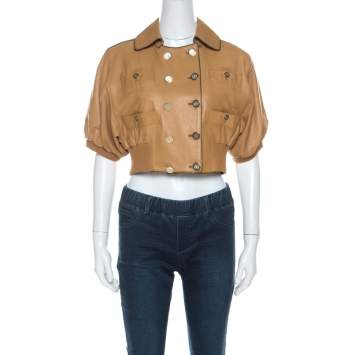Pre Owned Dolce & Gabbana Camel Brown Short Sleeve Cropped Leather Jacket M 