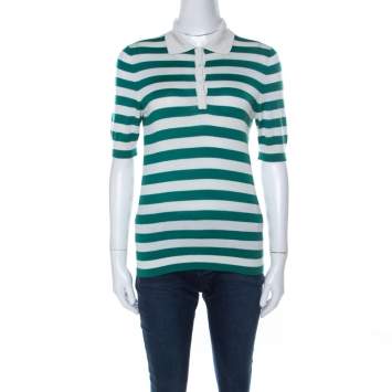 Pre Owned Dolce & Gabbana Green and Off White Cashmere Striped Polo T Shirt M 
