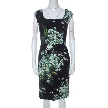 Pre Owned Dolce & Gabanna Black Floral Print Moss Crepe Cap Sleeve Sheath Dress S