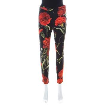 Pre Owned Dolce & Gabbana Black & Red Cady Carnation Print Miss Crepe Slim Leg Trousers M 