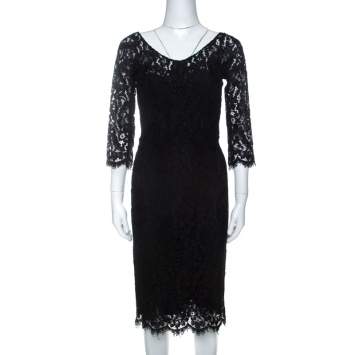 Pre Owned Dolce & Gabbana Black Cordonetto Lace Scalloped Hem Fitted Dress M 