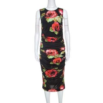 Pre Owned Dolce & Gabbana Floral Print Ruched Sleeveless Dress M