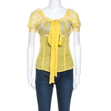 Pre Owned D&G Yellow Floral Print Sheer Silk Crepe Elasticized Neck Blouse S
