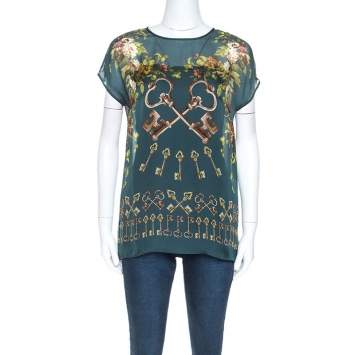 Pre Owned Dolce & Gabbana Green Floral and Key Print Silk Sheer Top S