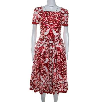 Pre Owned Dolce & Gabbana Red Majolica Printed Cotton Pleated Midi Dress S