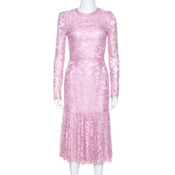 Pre Owned Dolce & Gabbana Pink Lace Flounce Midi Dress S