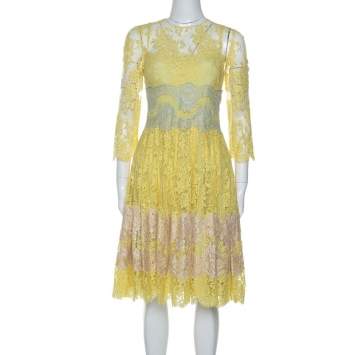 Pre Owned Dolce & Gabbana Yellow Lace Midi Dress M