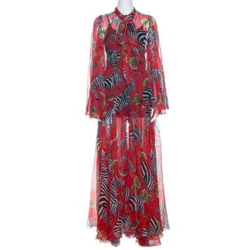Pre Owned Dolce & Gabbana Red Printed Silk Tie Neck Detail Maxi Dress S