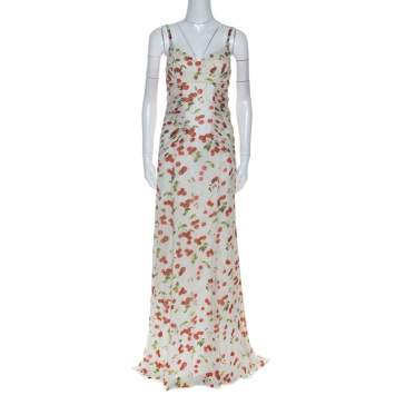 Pre Owned Dolce and Gabanna White Cherry Print Ruched Detail Sleeveless Dress M
