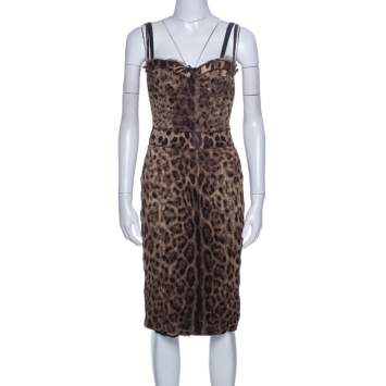 Pre Owned Dolce & Gabbana Brown Leopard Print Silk Tulle Bustier Dress S