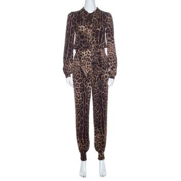 Pre Owned Dolce & Gabbana Brown Crepe Leopard Print Button Front Jumpsuit XS