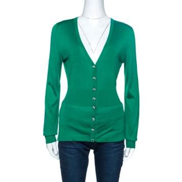 Pre Owned Dolce & Gabbana Green Knit Crystal Button Detail Cardigan M