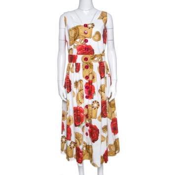 Pre Owned Dolce & Gabbana White Cookie And Floral Print Cotton Sleeveless Dress L