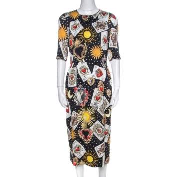 Pre Owned Dolce & Gabbana Black Playing Cards Print Silk Midi Dress M