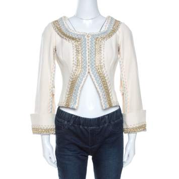Pre Owned Dolce & Gabbana Vintage Cream Cotton Embroidered Cutout Detail Jacket M 