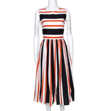 Pre Owned Dolce & Gabbana Multicolor Striped Cotton Cut Out Back Midi Dress M