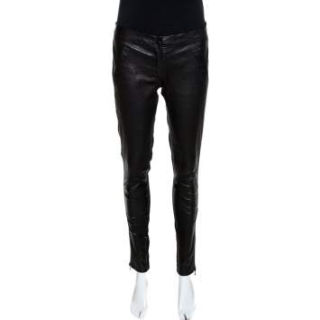 Pre Owned D&G Black Lamb Leather Paneled Skinny Trousers M