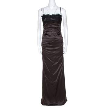 Pre Owned Dolce & Gabbana Brown Satin Lace Trim Ruched Maxi Dress M