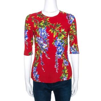 Pre Owned Dolce & Gabbana Red Wisteria Floral Print Crepe Blouse S