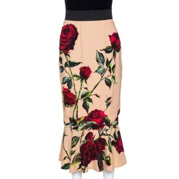 Pre Owned Dolce & Gabbana Beige Rose Print Crepe Flounce Skirt S
