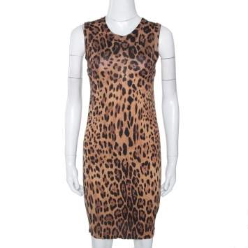 Pre Owned Dolce & Gabbana Brown Leopard Print Knit Fitted Dress S