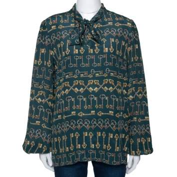 Pre Owned Dolce & Gabbana Green Key Print Silk Neck Tie Detail Blouse L