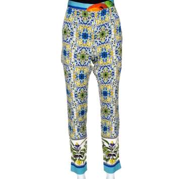 Pre Owned Dolce & Gabbana Multicolor Majolica Print Stretch Silk Trousers L
