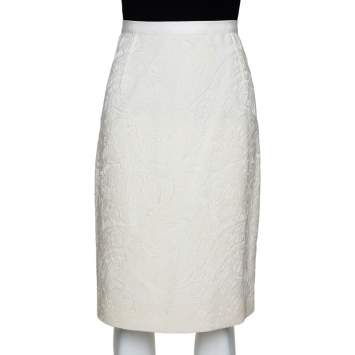 Pre Owned Dolce & Gabbana Cream Floral Embossed Jaqcuard Wool Pencil Skirt M
