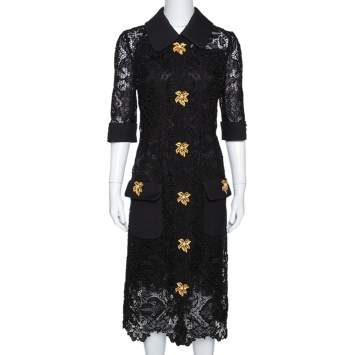 Pre Owned Dolce & Gabbana Black Floral Lace Leaf Button Embellished Dress M