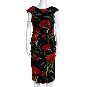 Pre Owned Dolce & Gabbana Black And Red Floral Printed Draped Midi Dress M
