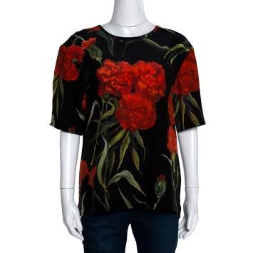 Pre Owned Dolce & Gabbana Black and Red Floral Printed Short Sleeve Top L