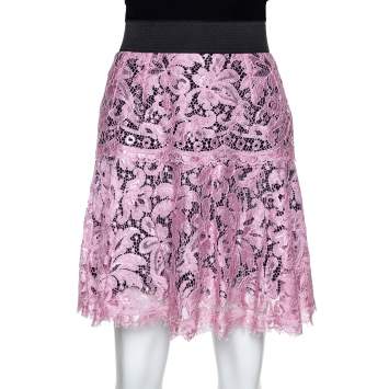 Pre Owned Dolce & Gabbana Black & Pink Corded Lace Mini Skirt M 