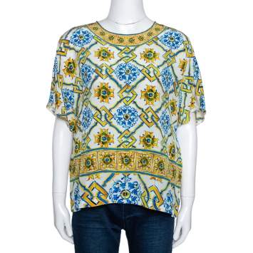 Pre Owned Dolce & Gabbana Multicolor Silk Sicilian Tile Print Top L