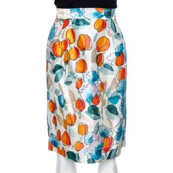 Pre Owned Dolce & Gabbana Mutlicolor Raw Silk Floral Print High Waist Skirt S 