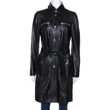 Pre Owned Dolce & Gabbana Black Lamb Leather Belted Trench Coat S