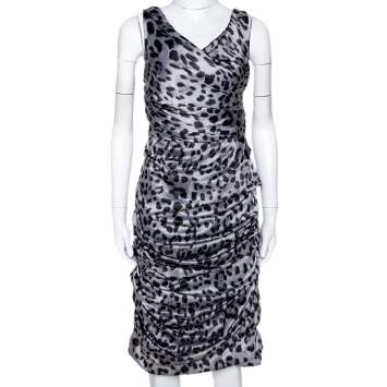 Pre Owned Dolce & Gabbana Grey Animal Print Silk Ruched Sleeveless Dress M