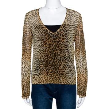 Pre Owned Dolce & Gabbana Leopard Print Lurex Knit Sheer Fitted Top L