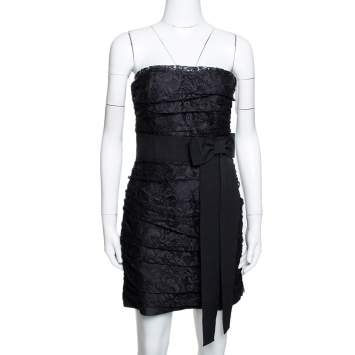 Pre Owned D&G Black Lace Ruched Strapless Mini Dress M