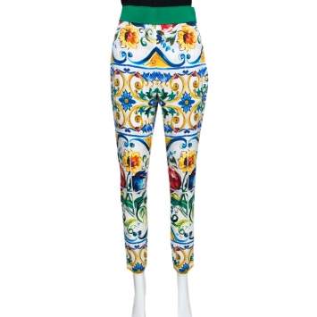 Pre Owned Dolce & Gabbana Majolica Printed Silk Elasticized Waist Skinny Pants L
